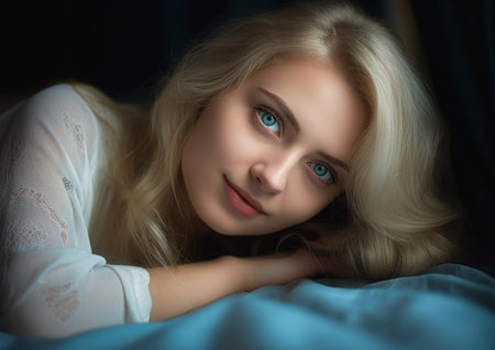 Portrait of a beautiful young woman with blue eyes lying on the bed, generative aiの素材