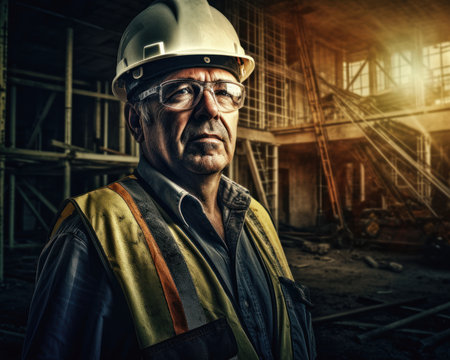 Portrait of a senior man in a hardhat at a construction site, generative aiの素材