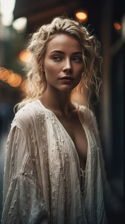 Portrait of a beautiful young woman with blond curly hair in a white blouse, generative aiの素材