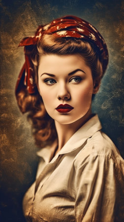 Portrait of a beautiful young woman with red lips. Vintage style., generative aiの素材