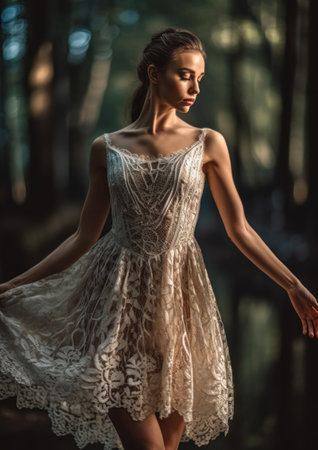 Beautiful young woman in white lace dress in the forest. Fashion shot., generative aiの素材