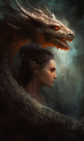 Fantasy portrait of a beautiful girl with dragon on dark background., generative aiの素材