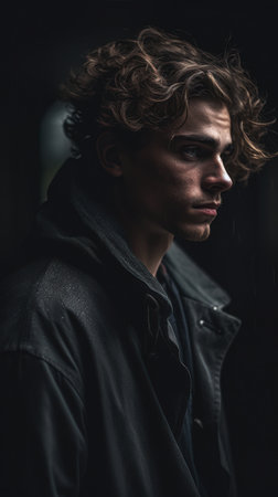 Portrait of a handsome young man with curly hair in a black coat, generative aiの素材