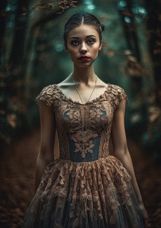 Portrait of a beautiful young woman in a vintage dress in the forest, generative aiの素材