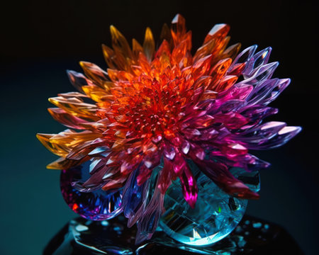 Colorful chrysanthemum in glass vase on black background, generative aiの素材