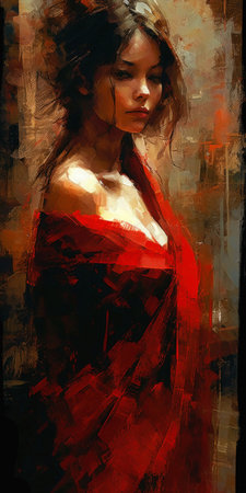 Portrait of a beautiful young woman in a red dress. Digital painting., generative aiの素材