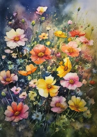 watercolor painting of colorful cosmos flowers on watercolor paper texture background, generative aiの素材