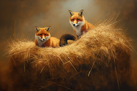 Three foxes in a nest of hay on a brown background., generative aiの素材