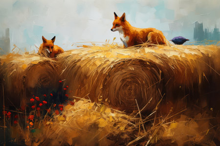 Digital painting of foxes in the field with hay bales., generative aiの素材