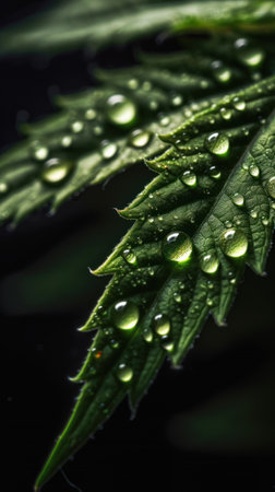 cannabis leaf with water drops on black background close-up, generative aiの素材