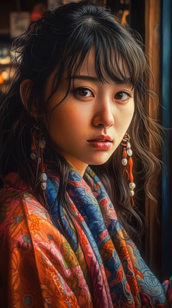 Portrait of a beautiful young asian woman with shawl, generative aiの素材