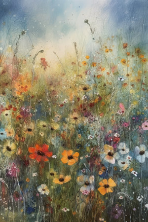 Beautiful spring flowers in the meadow. Original painting on canvas., generative aiの素材