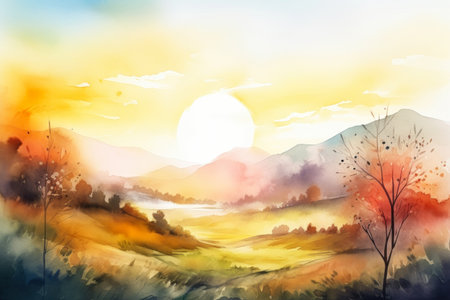 Digital painting of a landscape with mountains, trees and sun in the background, generative aiの素材