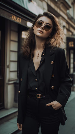 Beautiful girl in a black coat and sunglasses in the city., generative aiの素材