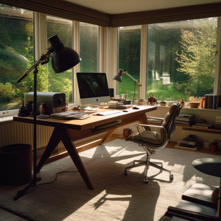 Interior of a modern office with a large window overlooking the countryside, generative aiの素材