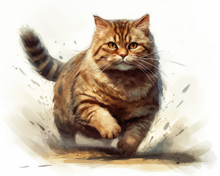 Siberian cat sitting on the floor. Digital watercolor painting, generative aiの素材