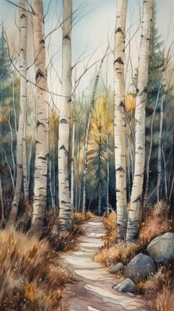 Digital painting of a path in the forest with birch trees., generative aiの素材