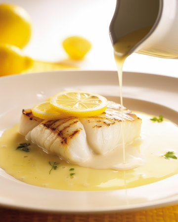 Fish Fillet with Lemon Sauce, Garnished with Lemon Slice, generative aiの素材