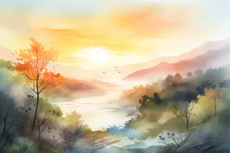 Watercolor landscape with lake, mountains and forest. Digital painting., generative aiの素材