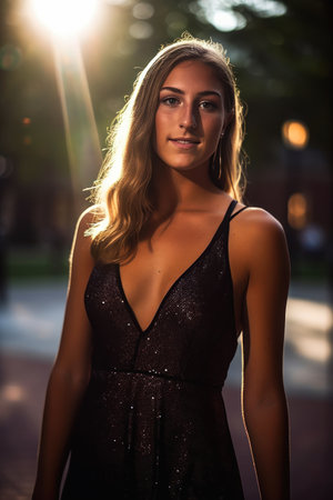 Portrait of a beautiful young woman in evening dress, outdoors., generative aiの素材