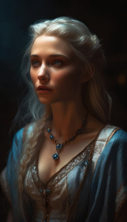 Portrait of a beautiful blonde woman in a medieval dress. Beauty, fashion., generative aiの素材