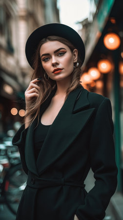 beautiful young woman in black hat and coat walking in city street, generative aiの素材