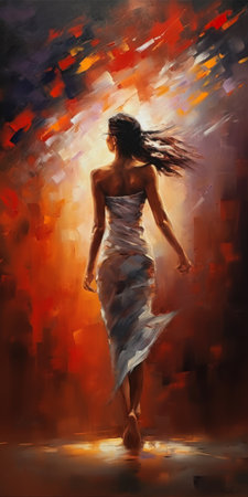 Young woman in a long dress with flying hair. Oil painting., generative aiの素材