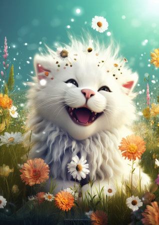 Funny white cat in the meadow with daisies., generative aiの素材