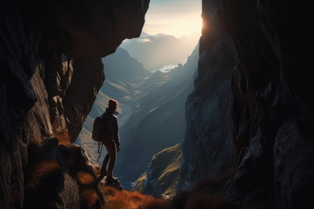 Female hiker standing on the edge of a cliff and looking at the sunset., generative aiの素材