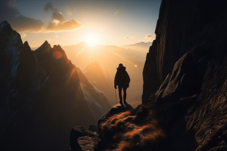Man standing on top of the mountain and looking at the sunset., generative aiの素材