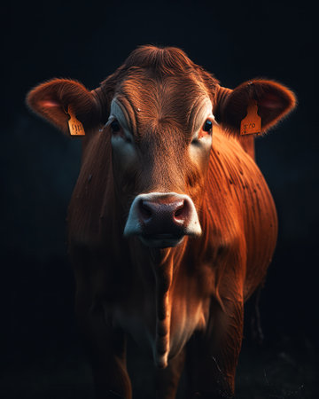 Portrait of a red cow on a dark background. Close-up., generative aiの素材
