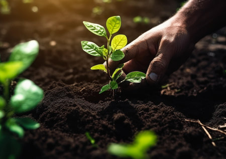 Human hand planting tree seedling in fertile soil with sunlight. Ecology concept, generative aiの素材