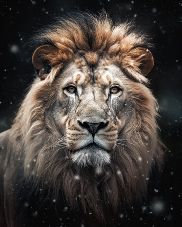 Lion on a dark background with snowflakes. Animal portrait., generative aiの素材
