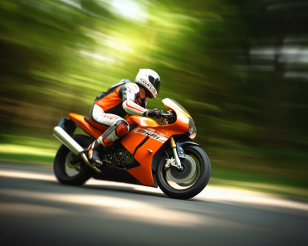 Motorcycle rider riding fast on the road. Motion blur background., generative aiの素材