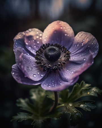Beautiful purple anemone flower with water drops on petals, generative aiの素材