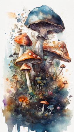 Watercolor illustration of a group of mushrooms in the autumn forest., generative aiの素材