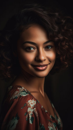 Portrait of beautiful young african american woman with curly hair, generative aiの素材