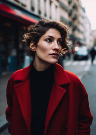 Portrait of a beautiful girl in a red coat on the street, generative aiの素材