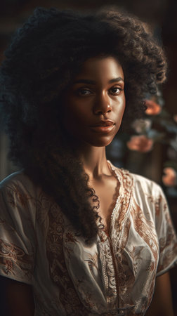 Portrait of beautiful african american woman with curly hair., generative aiの素材