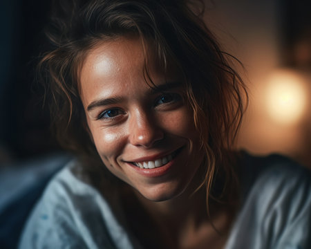 Portrait of a beautiful young woman smiling in bed at home., generative aiの素材