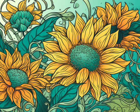 design summer themed illustration bold line sunflowers leaves flat coloring digital sea background radiating rebirth gradients green, generative aiの素材