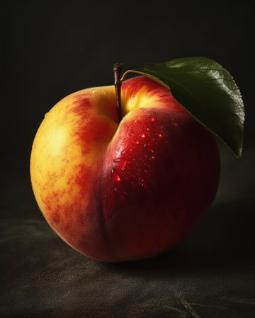 Ripe peach with leaf on a dark background, close-up, generative aiの素材
