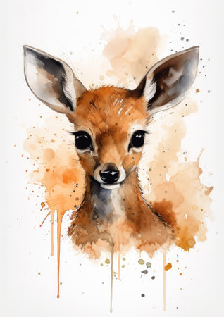 cute baby animal big eyes emotive deer ears adorably deep color paper staggering beauty girl savanna large nonhuman simba ink splashes signature extremely, generative aiの素材