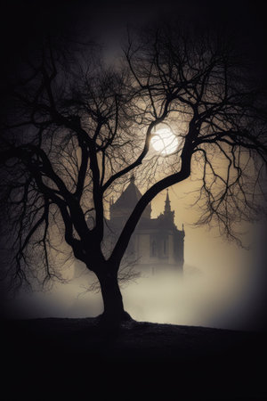 eerie fog magical moon tree lone person standing under baroque citadel moonlight digital dream creating presence location old house surrounds night, generative aiの素材