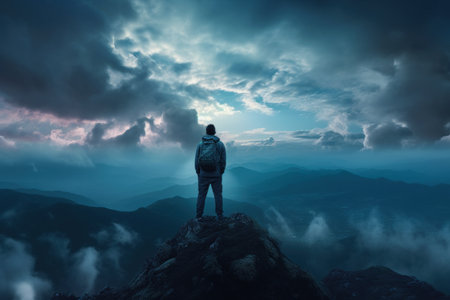 man standing mountain top looking sky conceptual visible humid atmosphere light mine travel streaming walking confidently wanderer upwards scenery triumphantly, generative aiの素材