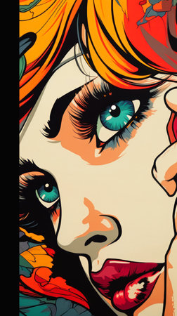 surreal full bright color close eyes pin woman flower head tristan long red orange hair intense soul penetrating looks bit similar ski resort large piercing ratio superfine inking, generative aiの素材