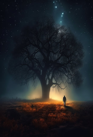 man walking flat field beside huge tree standing under middle night blurred dreamy illustration inhabited levels stars glistening highly trough tall silhouette abduction ambient glow, generative aiの素材