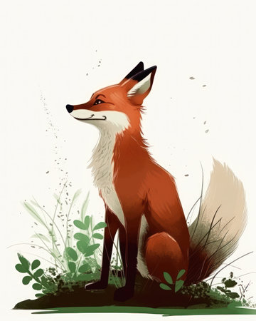 Vector illustration of a red fox in the grass. Hand drawn image, generative aiの素材