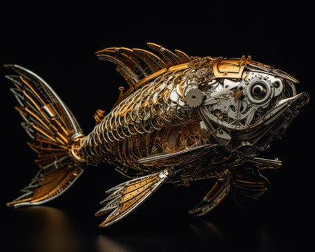 Golden fish on a black background.  illustration,  rendering, generative aiの素材