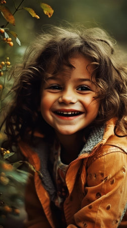 Portrait of cute little girl with curly hair in autumn park., generative aiの素材